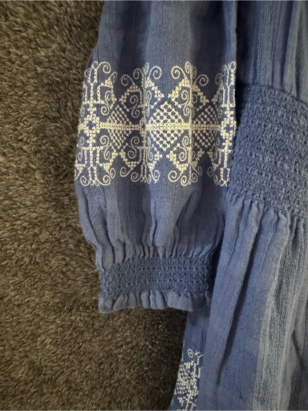 Tory Burch Blue Off-Shoulder Embroidered Long-Sleeve Dress